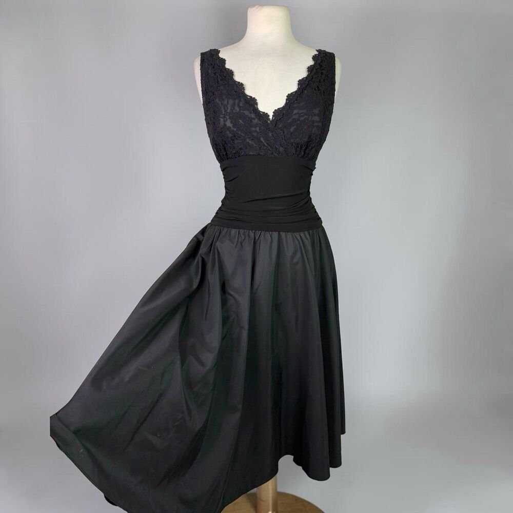 Willow Glenn Whimsigoth Black Lace Dress Ruched Midi Goth Goblincore Witchy 8
